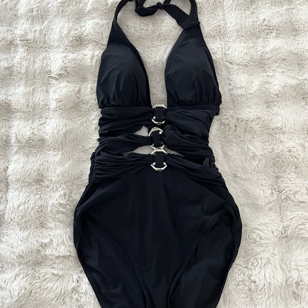 Gottex Black Halter One-Piece Swimsuit with Silver Ring Accents